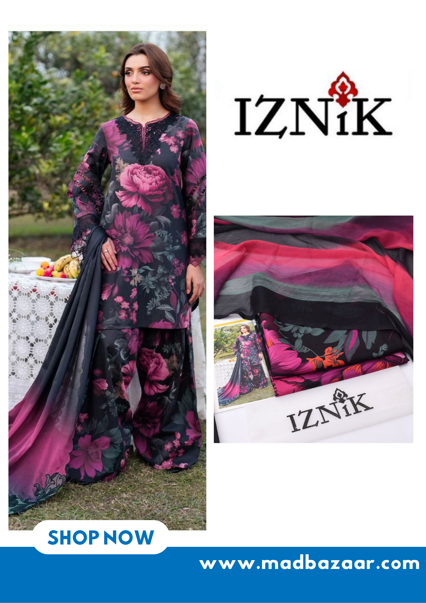 Black and pink flowers | Iznik Premium Lawn Suit 3pc