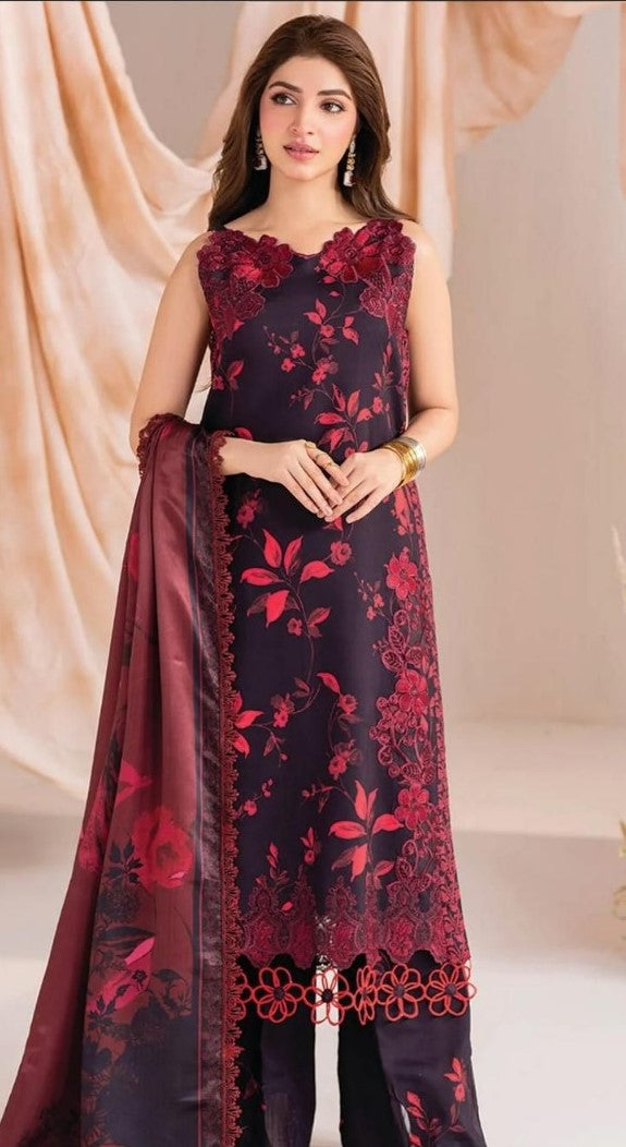 Sapphire collection | 3pcs khaddar suit | navy blue & maroon