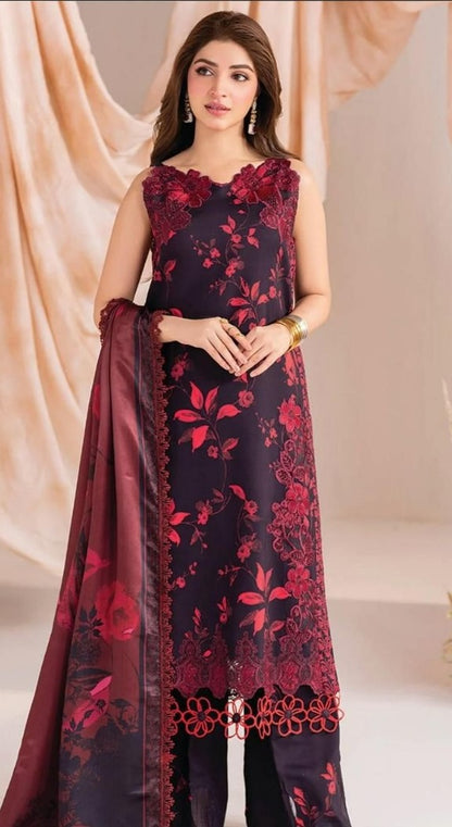 Sapphire collection | 3pcs khaddar suit | navy blue & maroon