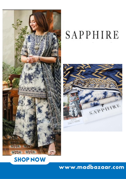 Sapphire khaddar 3pcs collection | Prussian blue & pearl white