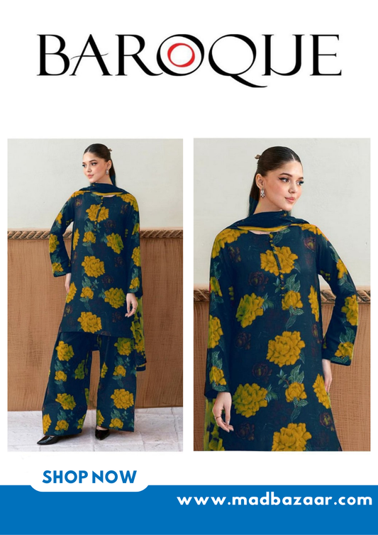 Dark blue and yellow Baroque Premium Lawn Suit 3pc