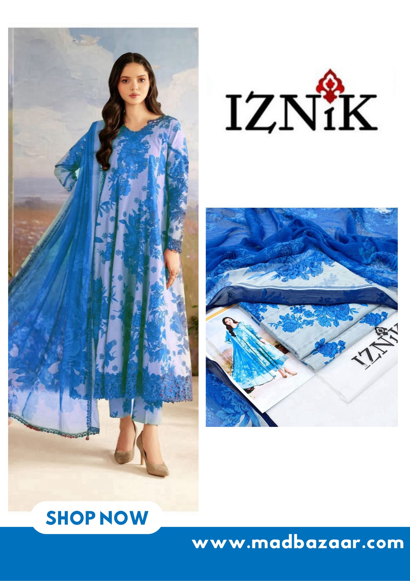 White and blue flowers suit | Iznik Premium Lawn Suit 3pc