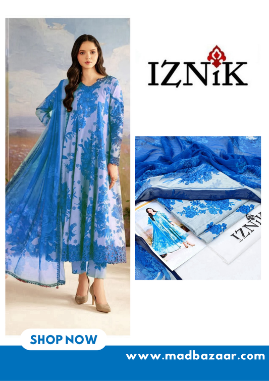 White and blue flowers suit | Iznik Premium Lawn Suit 3pc