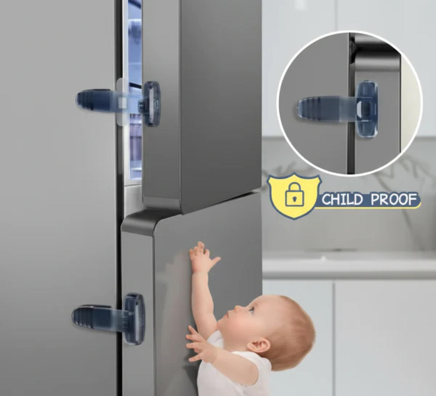 Child Proof Refrigerator Lock – Double Button Safety Latch for Fridges & Freezers | Strong Adhesive, No-Drill Baby Safety Lock