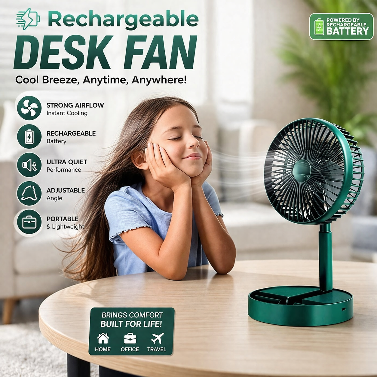 Rechargeable Portable Desk Fan – Adjustable Mini Cooling Fan with Strong Airflow & Quiet Operation (USB Powered)