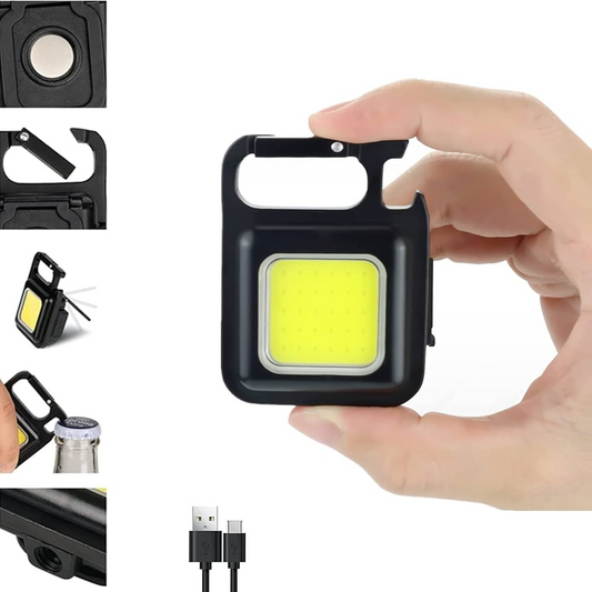COB Rechargeable Keychain Flashlight | 3 Light Modes, Portable Pocket Light with Folding Bracket, Bottle Opener & Magnetic Base – Type-C Charging