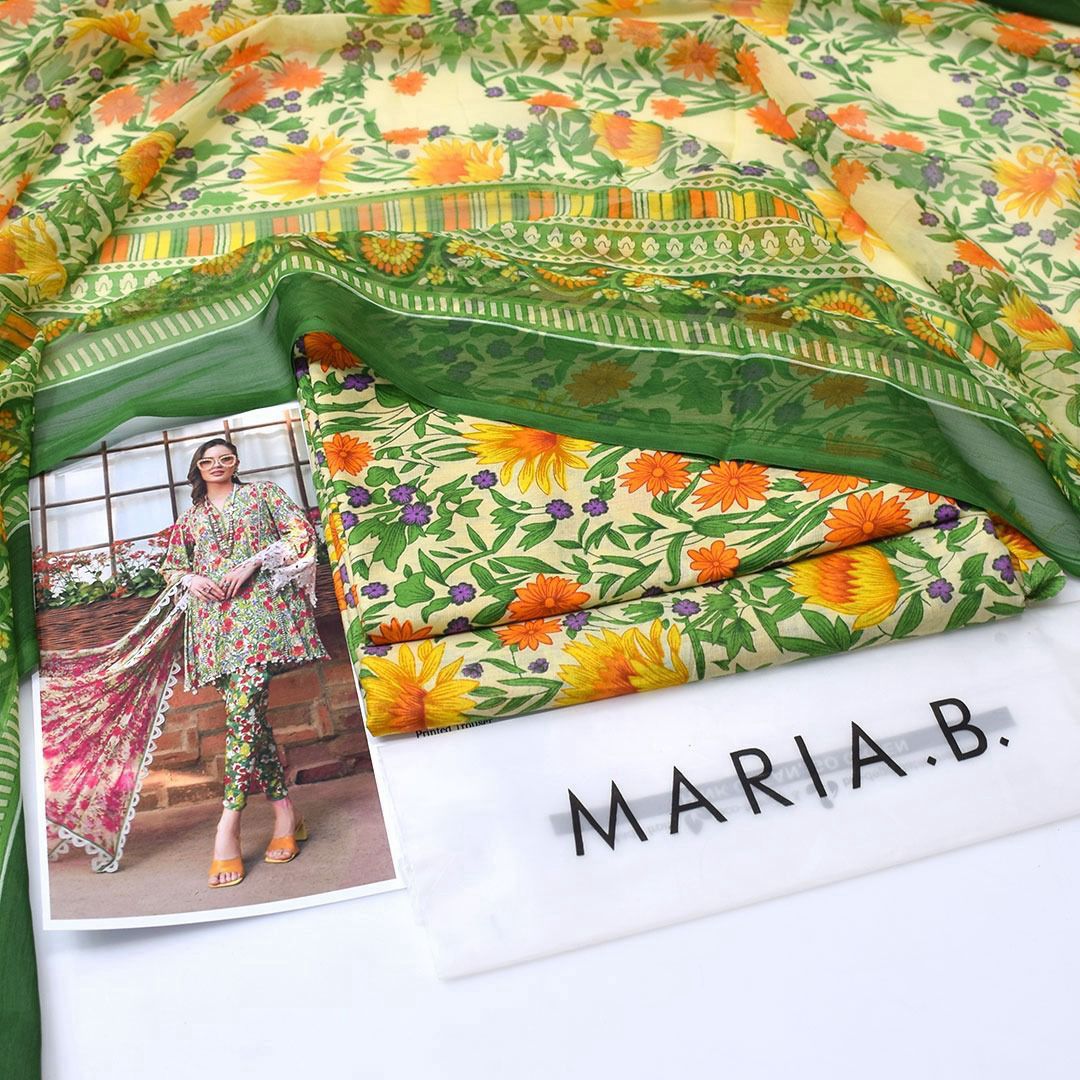 Light green with orange flowers |  Premium Lawn Suit 3pc | Maria.B