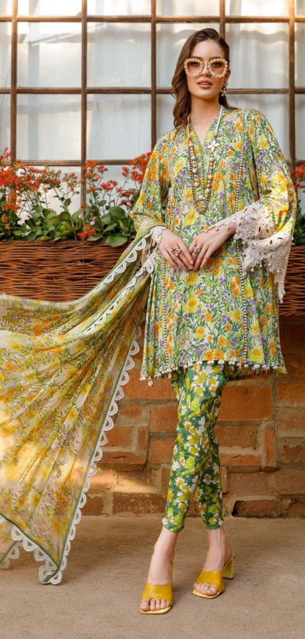 Light green with orange flowers |  Premium Lawn Suit 3pc | Maria.B