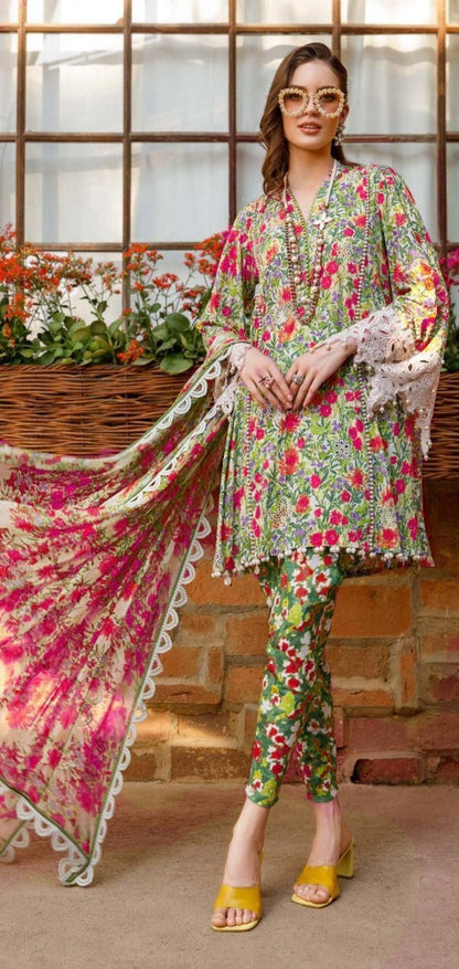 Light green with pink flowers |  Premium Lawn Suit 3pc | Maria.B