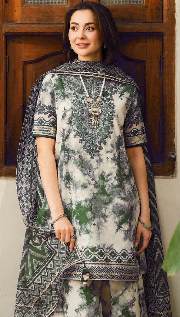 White with green texture | Premium Lawn Suit 3pc | Sapphire