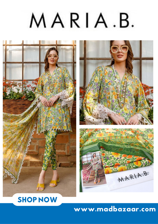 Light green with orange flowers |  Premium Lawn Suit 3pc | Maria.B