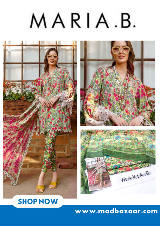 Light green with pink flowers |  Premium Lawn Suit 3pc | Maria.B