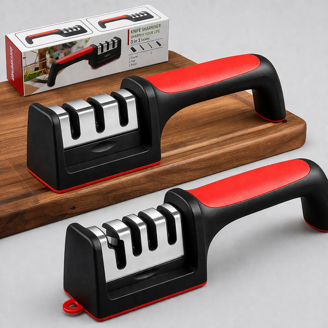 Professional 3-Stage Kitchen Knife Sharpener RS-168 – Manual Sharpening Tool for Steel Knives with Ergonomic Handle & Non-Slip Base for Safe and Easy Use