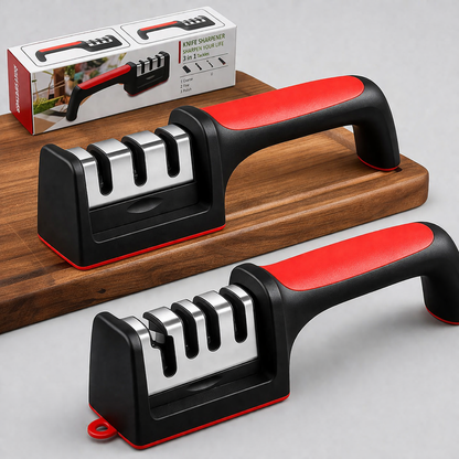Professional 3-Stage Kitchen Knife Sharpener RS-168 – Manual Sharpening Tool for Steel Knives with Ergonomic Handle & Non-Slip Base for Safe and Easy Use