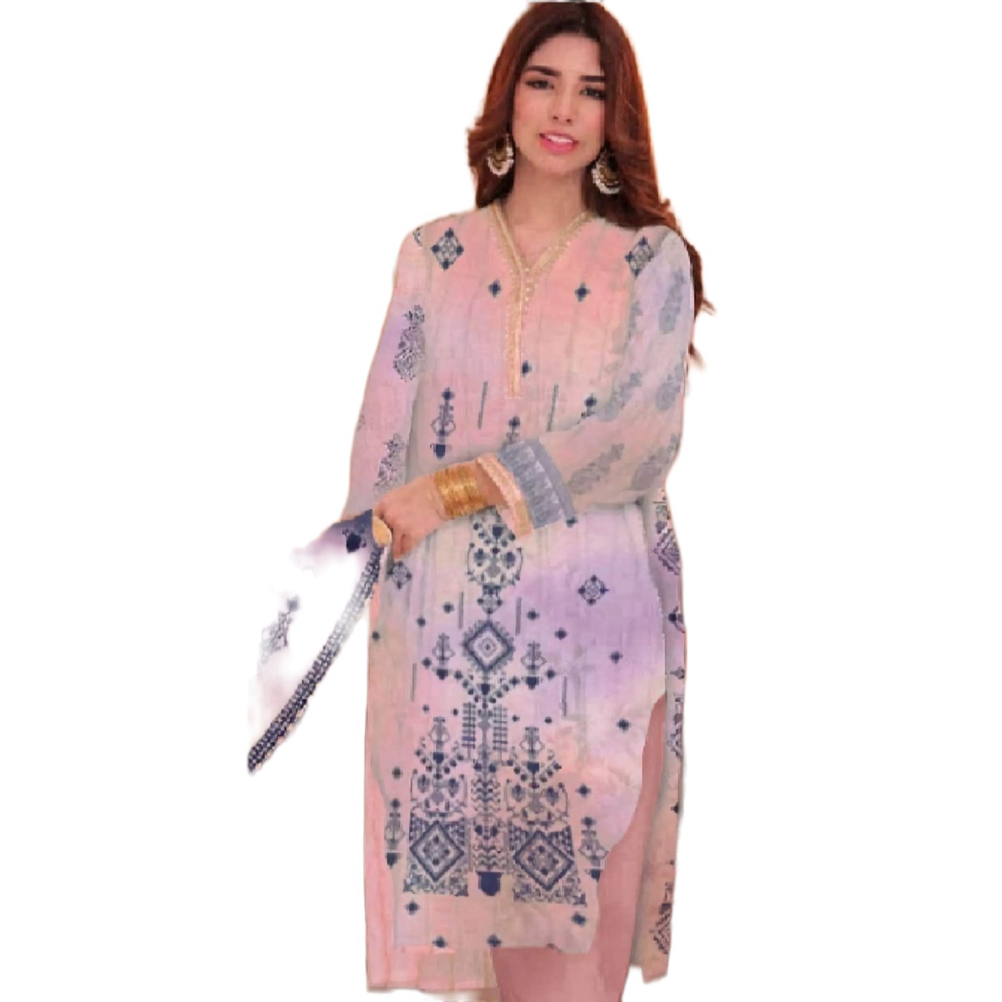Light pink Orient 3-Piece Digital Printed Suit - Timeless Elegance