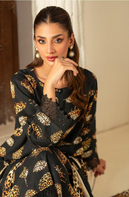 Leopard printed 3pcs linen suit | Black and dull golden | Salina Collection