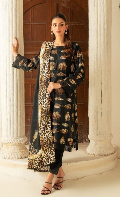 Leopard printed 3pcs linen suit | Black and dull golden | Salina Collection