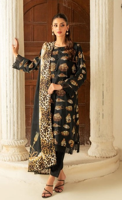 Leopard printed 3pcs linen suit | Black and dull golden | Salina Collection