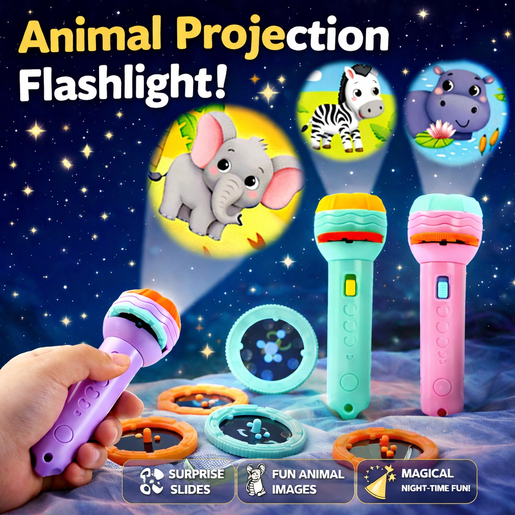 Kids Animal Projection Flashlight Toy – Educational Cartoon Projector Torch with Slide Discs (Bedtime Learning Light)