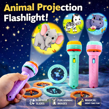 Kids Animal Projection Flashlight Toy – Educational Cartoon Projector Torch with Slide Discs (Bedtime Learning Light)