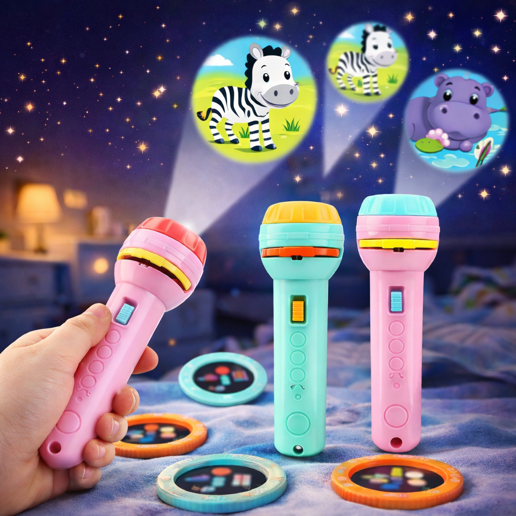Kids Animal Projection Flashlight Toy – Educational Cartoon Projector Torch with Slide Discs (Bedtime Learning Light)