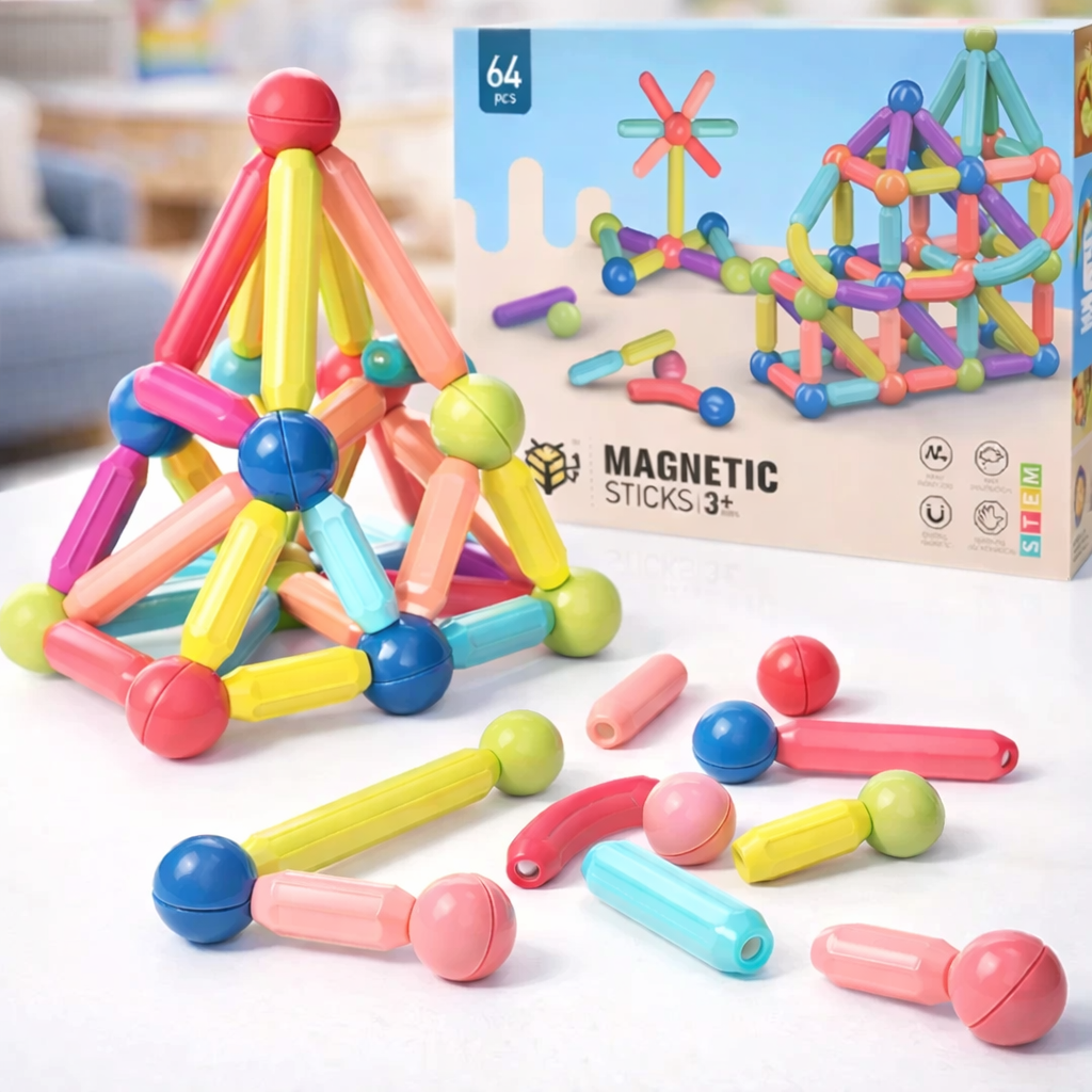 64 PCS Magnetic Building Sticks Set – Educational STEM Construction Toy for Kids (Creative Learning Blocks 3+)