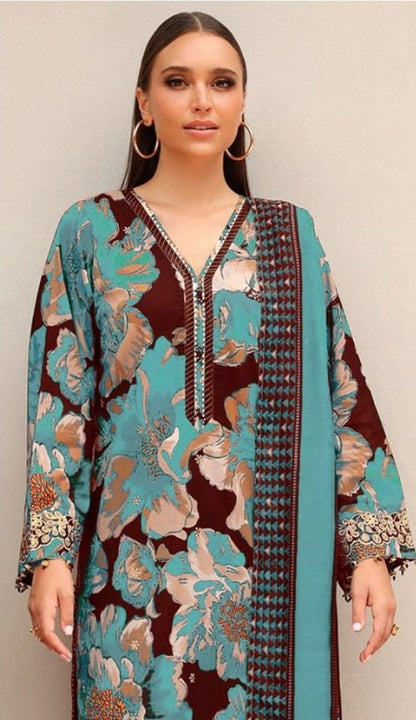 Skyblue with maroon touchup | Baroque Premium Lawn Suit 3pc