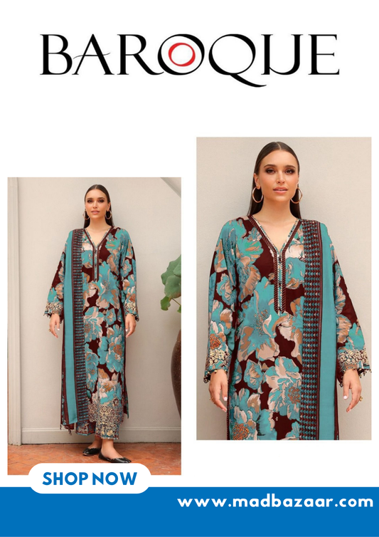 Skyblue with maroon touchup | Baroque Premium Lawn Suit 3pc