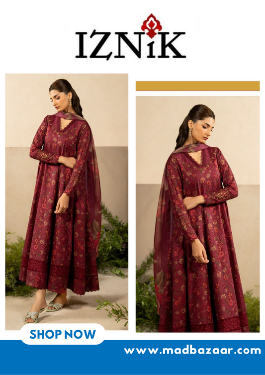 Maroon Iznik Premium Lawn Suit 3pc