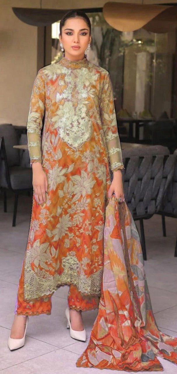 Aneela's | Orange colored  Premium Lawn Suit 3pc