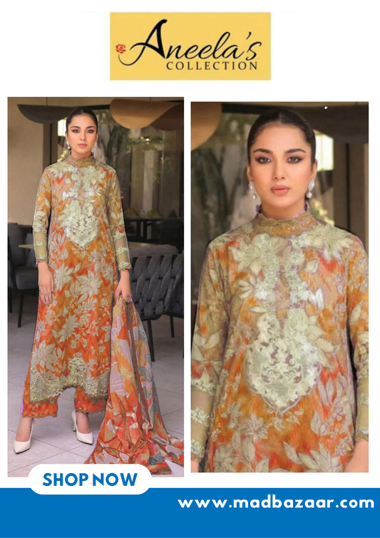 Aneela's | Orange colored  Premium Lawn Suit 3pc