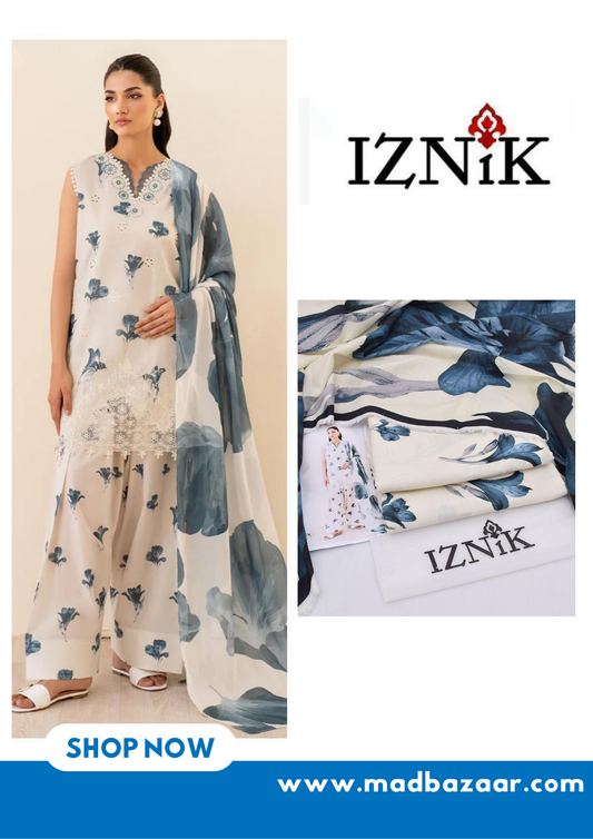 Iznik | 3pcs khaddar collection | broad and elongated flowers of cream / cobalt blue color