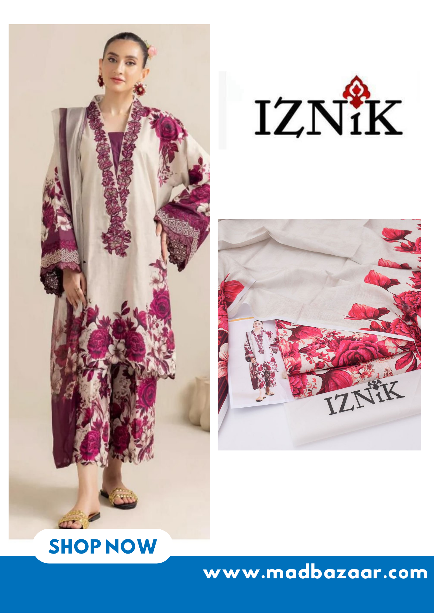 Cream with floral motifs | Iznik 3pcs khaddar collection