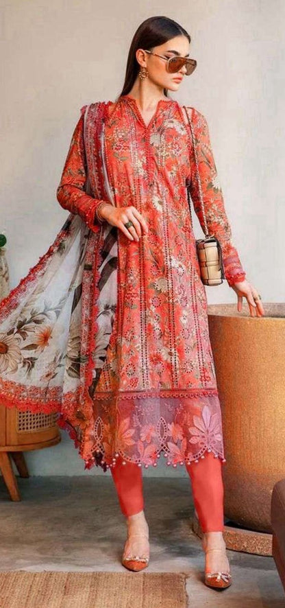 Peach and floral | Premium Lawn Suit 3pc -Maria.B