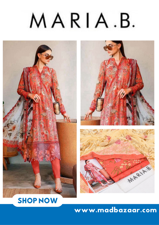 Peach and floral | Premium Lawn Suit 3pc -Maria.B