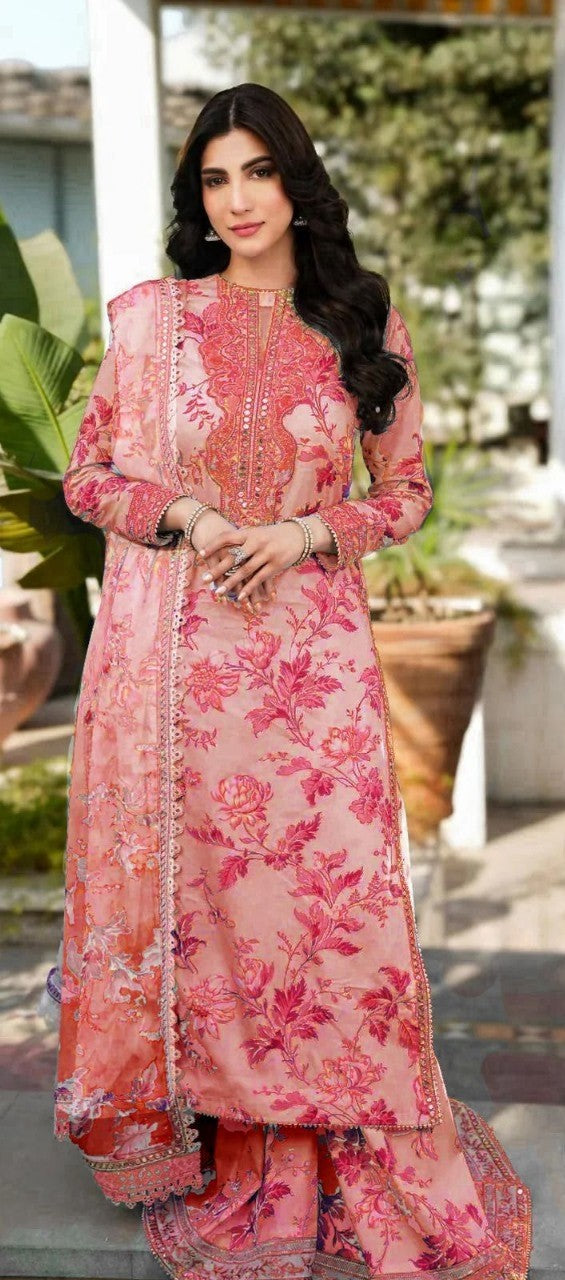 Aneela's | Pink floral pattern | Premium lawn suit 3pc