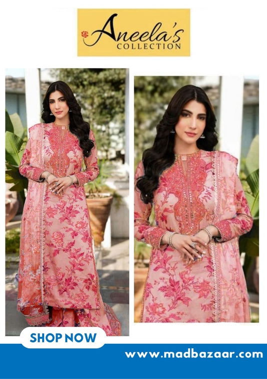 Aneela's | Pink floral pattern | Premium lawn suit 3pc