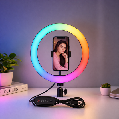 MJ26 RGB LED Ring Light with Tripod Stand & Mobile Holder – 20 Light Modes, Dimmable Selfie Ring Light for TikTok, YouTube & Live Streaming