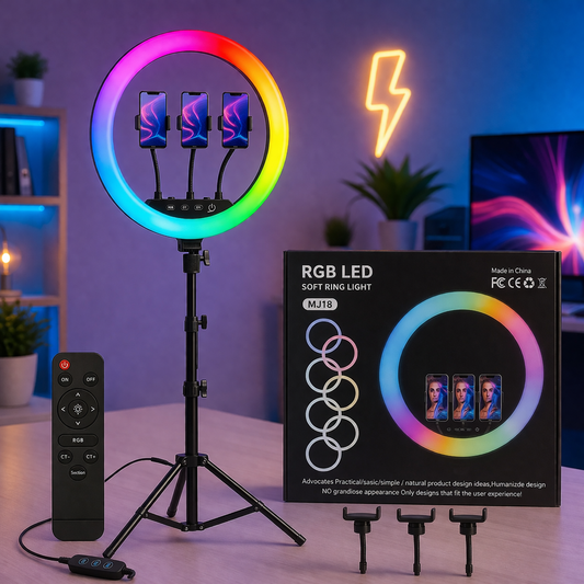 MJ18 45CM RGB LED Ring Light with Tripod & 3 Mobile Holders – Professional Studio Lighting Kit with Remote Control for TikTok, YouTube & Live Streaming