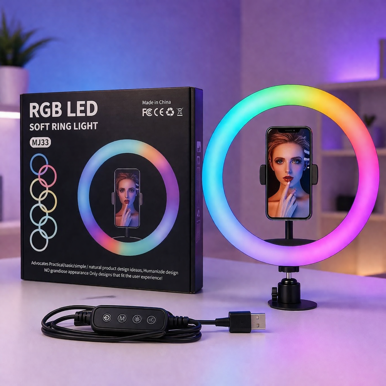 RGB LED Ring Light with Mobile Holder – Dimmable Selfie Light for TikTok, YouTube, Makeup & Live Streaming