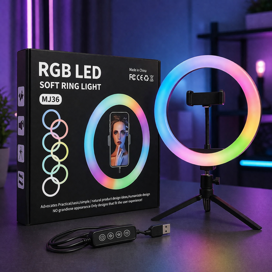 RGB LED Ring Light with Mobile Holder & USB Controller – Dimmable Soft Light for TikTok, YouTube, Makeup & Live Streaming
