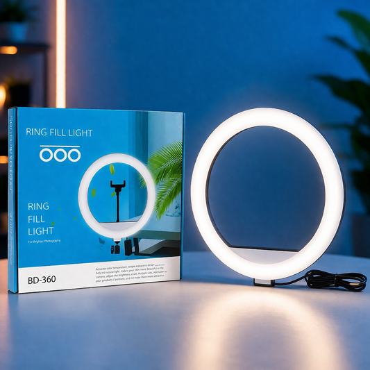 BD-360 LED Ring Fill Light with Mobile Holder – Dimmable Soft Light for TikTok, YouTube, Makeup & Product Photography