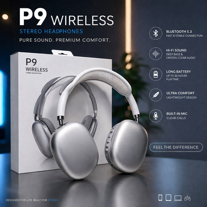 P9 Wireless Bluetooth Headphones – Hi-Fi Stereo Sound, Noise Reduction & Long Battery Life Over-Ear Headset