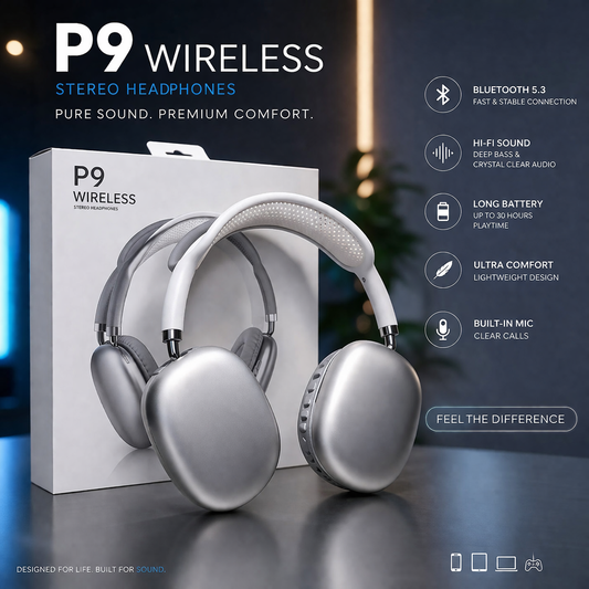 P9 Wireless Bluetooth Headphones – Hi-Fi Stereo Sound, Noise Reduction & Long Battery Life Over-Ear Headset