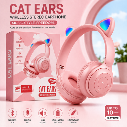 KT-49M Cat Ear Wireless Bluetooth Headphones – RGB Light, Hi-Fi Sound & Cute Over-Ear Headset for Kids & Girls