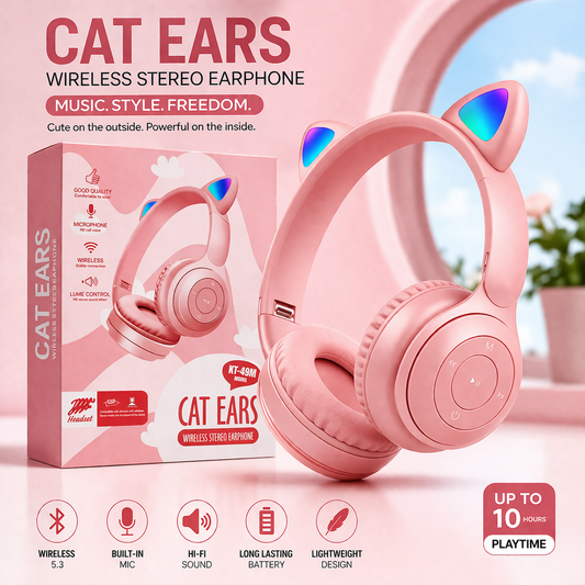 KT-49M Cat Ear Wireless Bluetooth Headphones – RGB Light, Hi-Fi Sound & Cute Over-Ear Headset for Kids & Girls