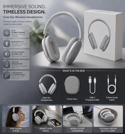 P9 Pro Max Wireless Bluetooth Headphones – Hi-Fi Stereo, Noise Cancellation, Built-in Mic & Memory Foam Comfort