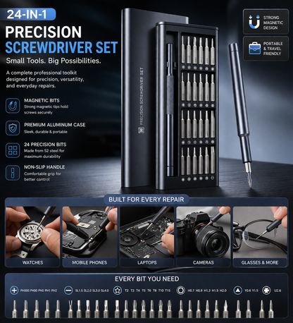 24-in-1 Precision Screwdriver Set – Magnetic Multi-Bit Repair Tool Kit with Premium Aluminum Case | Perfect for Mobile, Laptop, Watch & Electronics Repair