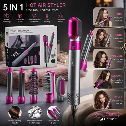 5-in-1 Professional Hot Air Styler & Hair Dryer Brush – Multi-Functional Volumizer, Curler & Straightener Kit with Anti-Static Ceramic Coating | Salon-Style Results at Home