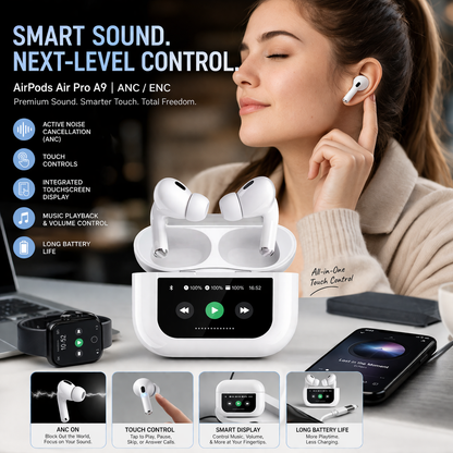 AirPods Pro A9 Wireless Earbuds – Full-Color Smart Touch Screen Case | ANC + ENC Noise Cancellation | Bluetooth 5.4 | 36H Playtime